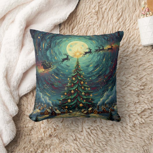 Starry Night Christmas 16x16 Santa Sleigh クッション (ブランケット)