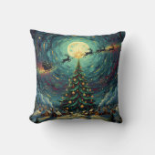 Starry Night Christmas 16x16 Santa Sleigh クッション (正面)