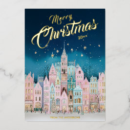 Starry Night Christmas Town Foil Holiday Card 箔シーズンカード