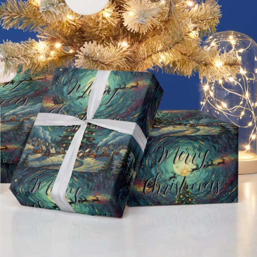 Starry Night Christmas Wrapping Paper Santa Sleigh ラッピングペーパー (クリスマス)