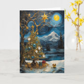 Starry Night Clock Christmas Card | 抽象的な時間のクリスマスカー カード (黄色い花)