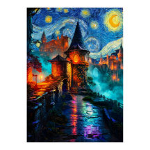 Starry Night Fantasy Castle Magical Oil Painting