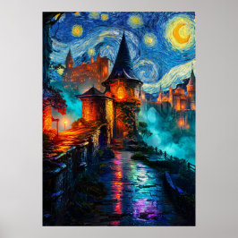 Starry Night Fantasy Castle Magical Oil Painting ポスター