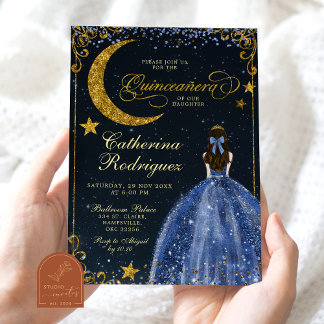 Starry Night Gold and Dark Blue Quinceanera 招待状