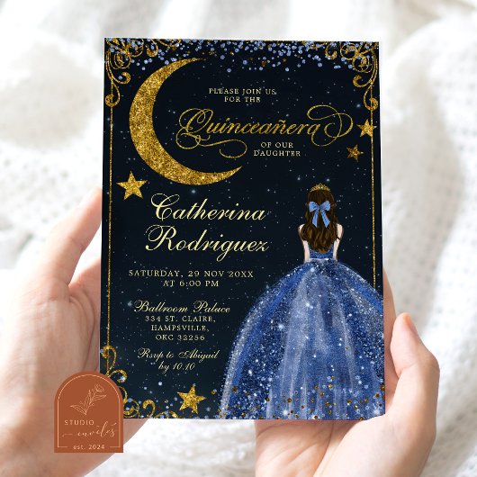 Starry Night Gold and Dark Blue Quinceanera 招待状