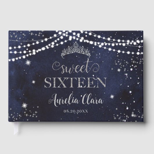 Starry Night Navy Blue Silver Sweet 16 Birthday ゲストブック (正面)