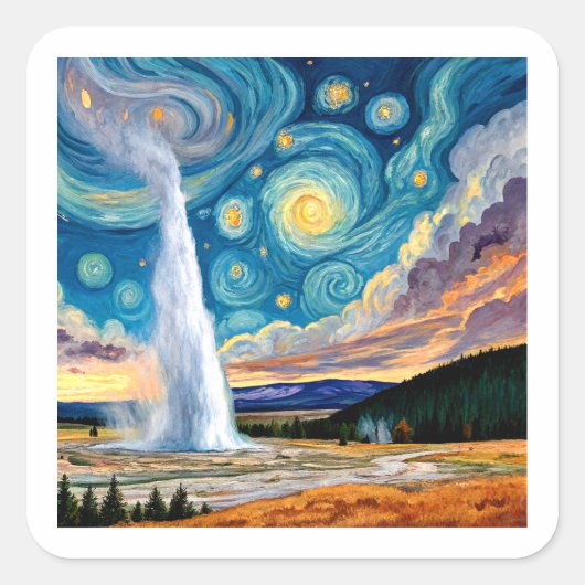 Starry Night Old Faithful Yellowstone Park スクエアシール (正面)
