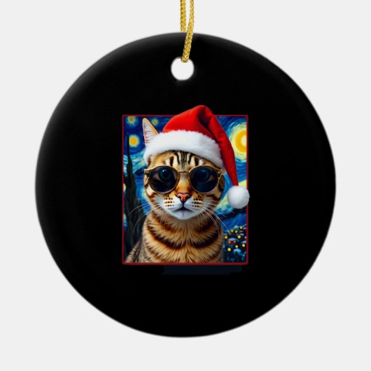 Starry Night Orange Tabby Cat Christmas セラミックオーナメント (正面)