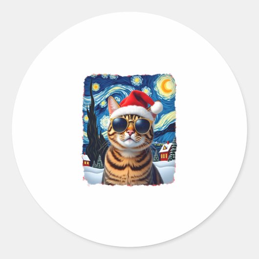 Starry Night Orange Tabby Cat Christmas ラウンドシール (正面)