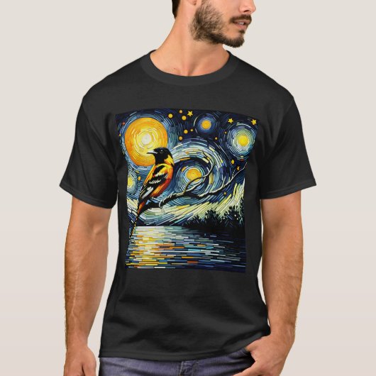 Starry Night Oriole Van Gogh Bird Lover Tシャツ (正面)