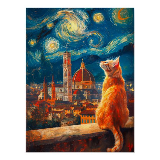Starry Night Over Florence | 赤茶の猫の絵 ポスター (正面)