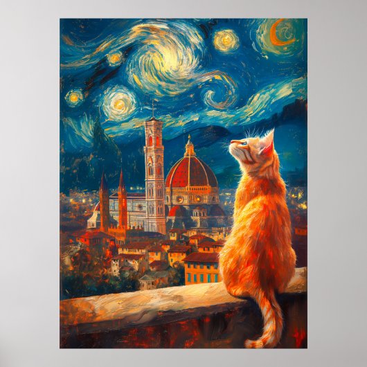 Starry Night Over Florence | 赤茶の猫アート ポスター (正面)