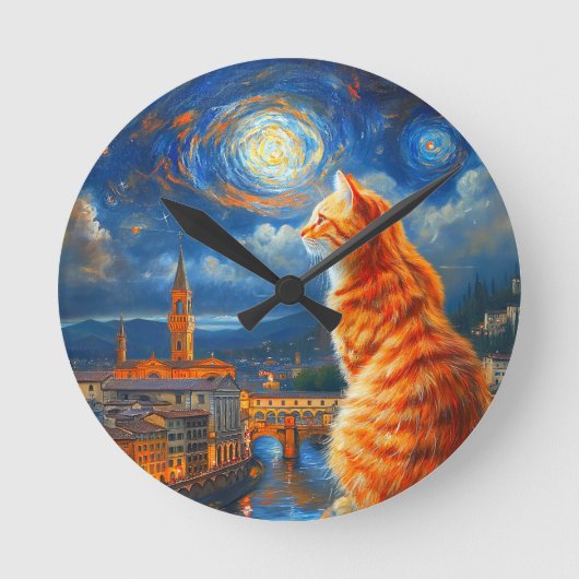 Starry Night Over Florence | Ginger Cat Art ラウンド壁時計 (正面)