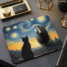 Starry Night Overlook 黒猫と輝く街 マウスパッド