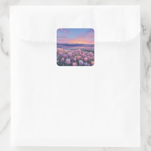 Starry Night Sky Over Pink Tulip Meadow スクエアシール (バッグ)