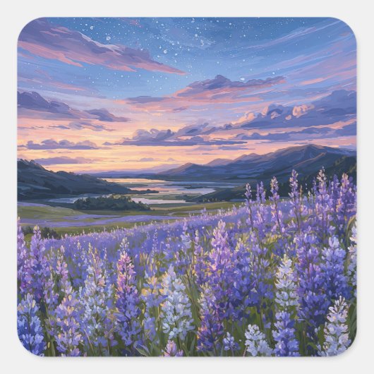 Starry Night Sky Over Purple Lupine Meadow スクエアシール (正面)