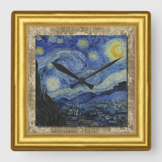 Starry Night, Vincent Vanゴッホ, Framed Canvas スクエア壁時計 (正面)