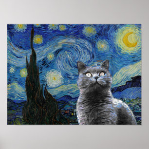 Starry Night Vincent Van Gogh Cute Cat Kitten ポスター