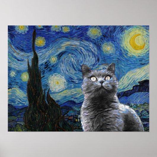 Starry Night Vincent Van Gogh Cute Cat Kitten ポスター (正面)