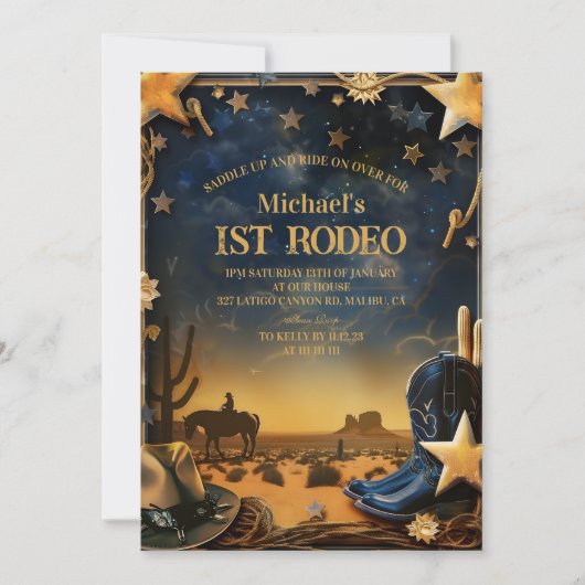 Starry Western Cowboy 1st Birthday Rodeo 招待状 (正面)