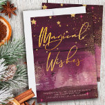 Starry Winter Night Magical Wishes Ruby and Gold シーズンカード<br><div class="desc">Starry winter night Magical Wishes christmas card with elegant gold script calligraphy. This chic and modern design combines ruby watercolor brush strokes, gold stars, starlight glow, gold dust and a misty forest. It is hand lettered with Magical Wishes and the template is set up for you to add your personalized...</div>