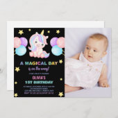 Stars Balloons Unicorn誕生日招待状写真 招待状 (正面/裏面)