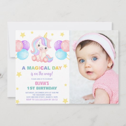 Stars Balloons Unicorn誕生日招待状写真 招待状 (正面)