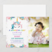 Stars Balloons Unicorn誕生日招待状写真 招待状 (正面/裏面)