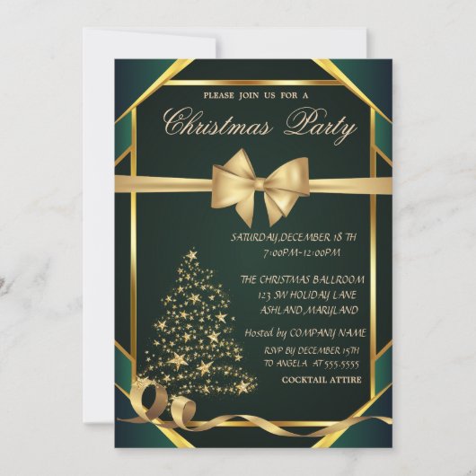 Stars Christmas Tree ,Bow Green Christmas Party 招待状 (正面)