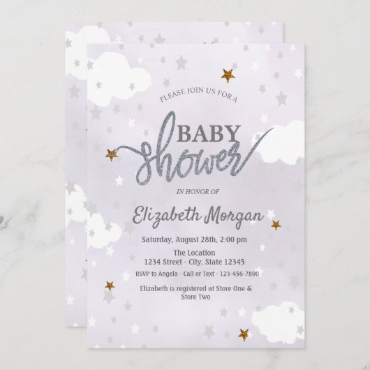 Stars & Clouds Lavender Baby Shower 招待状 (正面/裏面)