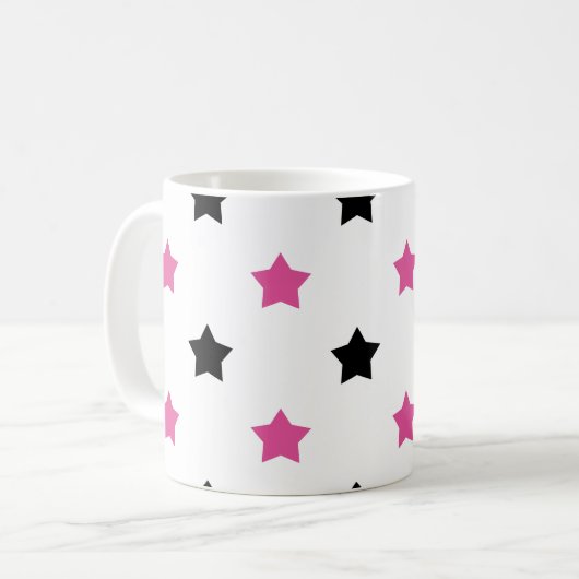 Stars Pink and Black Pattern White Background コーヒーマグカップ (正面左)