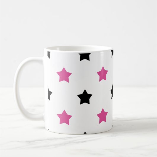 Stars Pink and Black Pattern White Background コーヒーマグカップ (左)