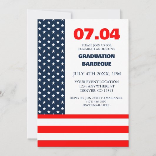 Stars & Stripes Flag 4th Of July Graduation BBQ 招待状 (正面)