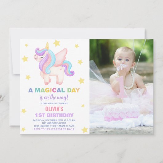Stars Unicorn誕生日招待状と写真 招待状 (正面)