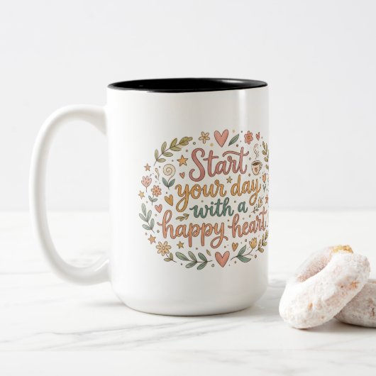 Start Your Day With A Happy Heart Coffee Mug Gift ツートーンマグカップ (ドーナツ)