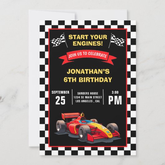 Start Your Engines! Fun Racing Driver Birthday Boy 招待状 (正面)