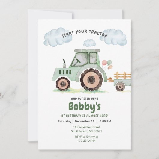 Start Your Tractor 1st Birthday Invitation 招待状 (正面)