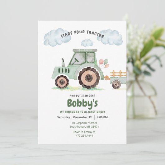 Start Your Tractor 1st Birthday Invitation 招待状 (スタンド正面)
