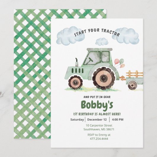 Start Your Tractor 1st Birthday Invitation 招待状 (正面/裏面)