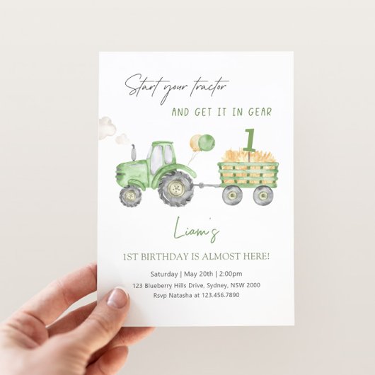 Start Your Tractor 1st Birthday Party 招待状
