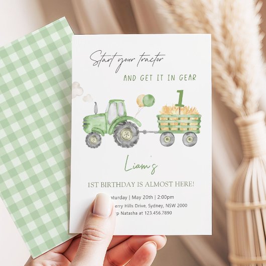 Start Your Tractor 1st Birthday Party 招待状