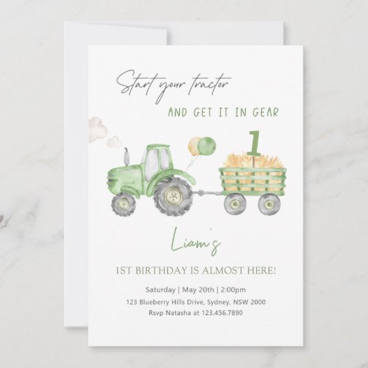 Start Your Tractor 1st Birthday Party 招待状 (正面)