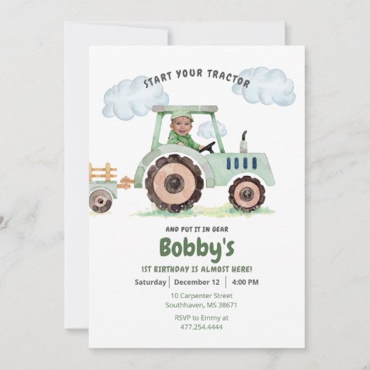 Start Your Tractor 1st Birthday Photo Invitation 招待状 (正面)