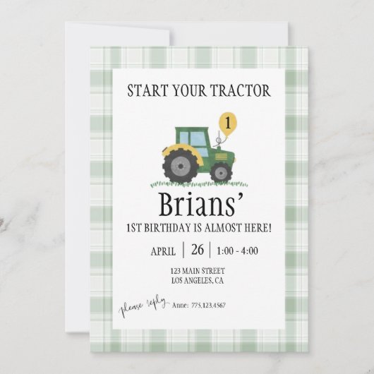 Start Your Tractor Children's Birthday Invitation 招待状 (正面)