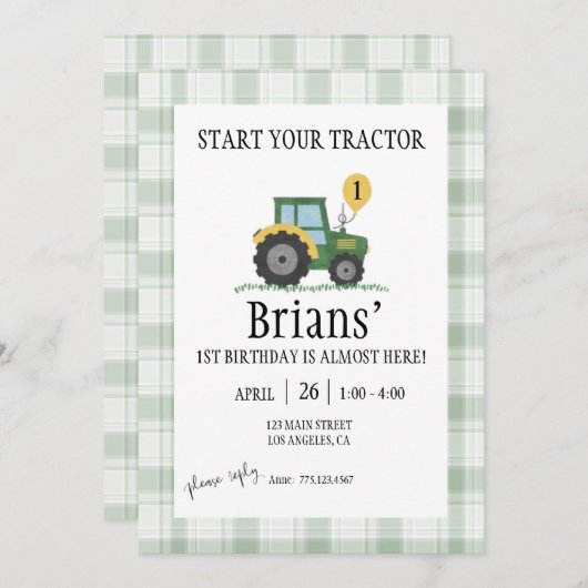 Start Your Tractor Children's Birthday Invitation 招待状 (正面/裏面)