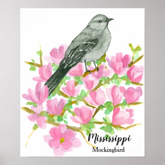 State Bird of Mississippi Mockingbird Watercolor ポスター (正面)