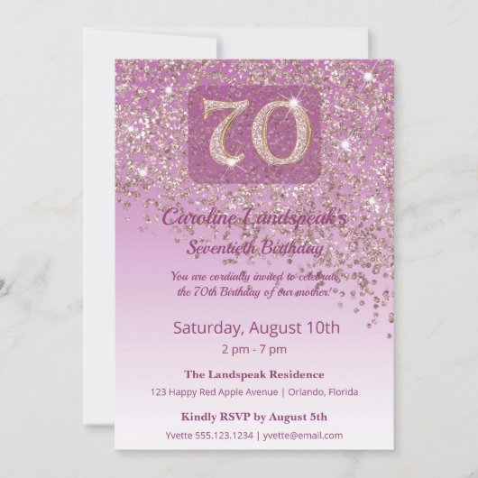 Stately 70th Birthday Rose Gold Glitter 招待状 (正面)
