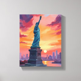 Statue of Liberty NYC Skyline Sunset Watercolor キャンバスプリント