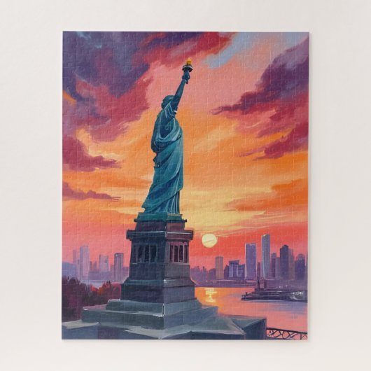 Statue of Liberty NYC Skyline Sunset Watercolor ジグソーパズル (縦)