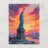 Statue of Liberty NYC Skyline Sunset Watercolor ポストカード (正面)